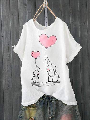 Crew Neck Casual Cotton Elephant Love Print Shirts & Tops