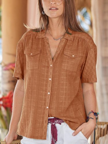 Buttoned Cotton-Blend V Neck Casual Shirts & Tops