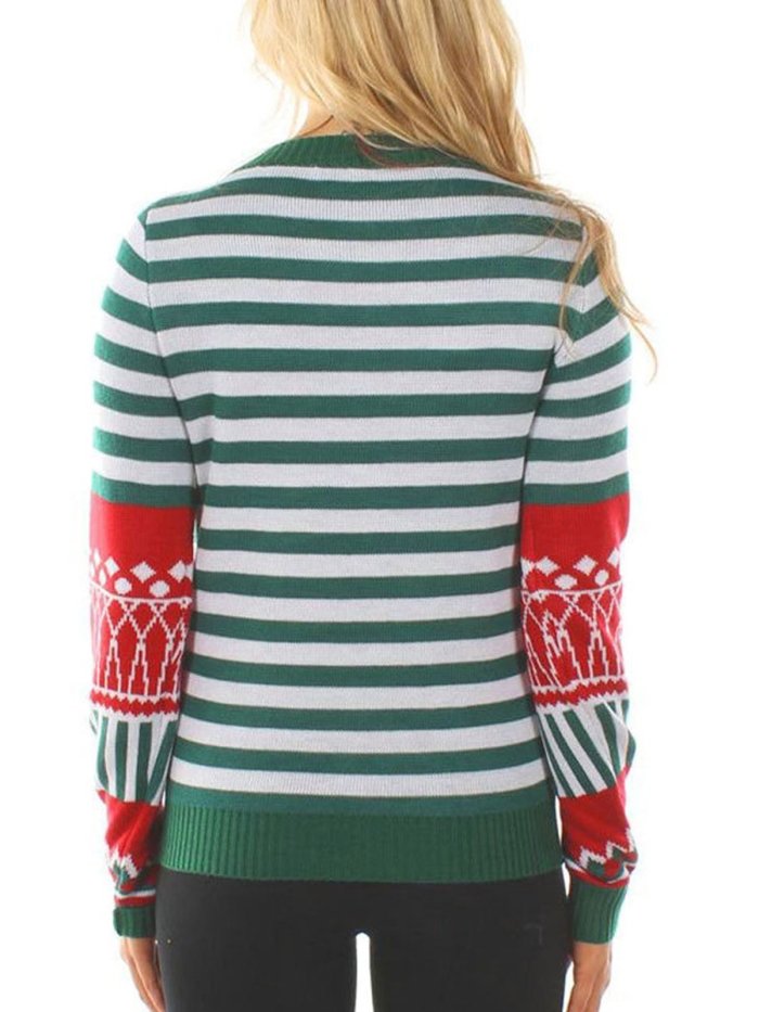 Chirstmas Green Striped Knitted Crew Neck Long Sleeve Sweaters