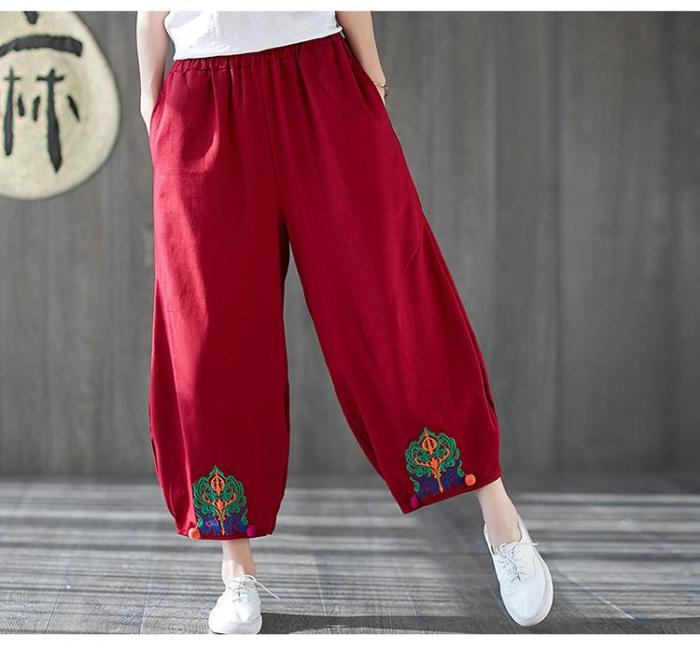 Women Vintage Embroidery Cotton Linen Loose Pants