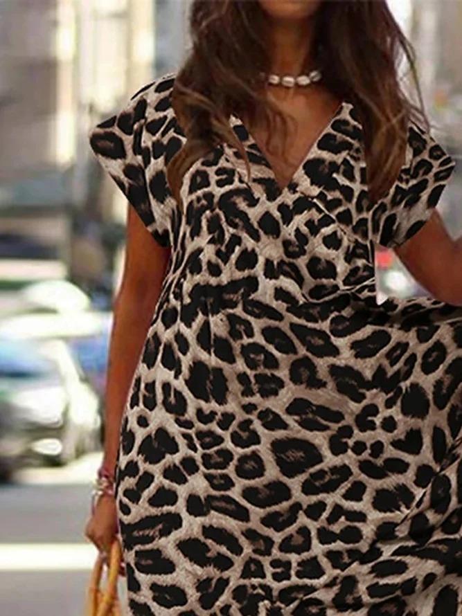 Leopard Print V-neck Casual Maxi Dress