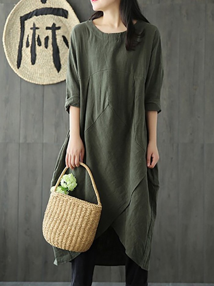 Black Solid Casual Crew Neck Cotton Casual Dress