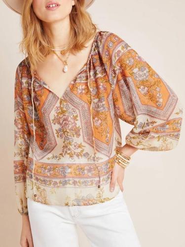 Western style casual loose large size floral print shirt and top