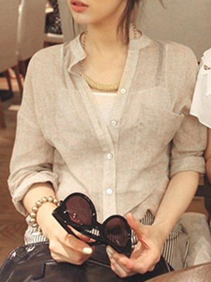 Buttoned Long Sleeve Stand Collar Casual Linen Blouse