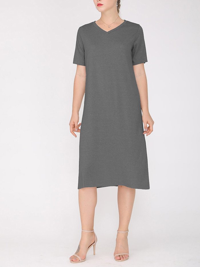 Women Plus Size Slit V Neck A-line Solid Shift Casual Midi Dress