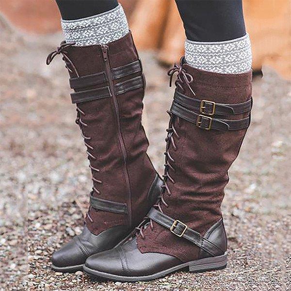 Vintage Lace Up Mid-calf Split Joint Boots Adjustable Buckle Low Heel Boots