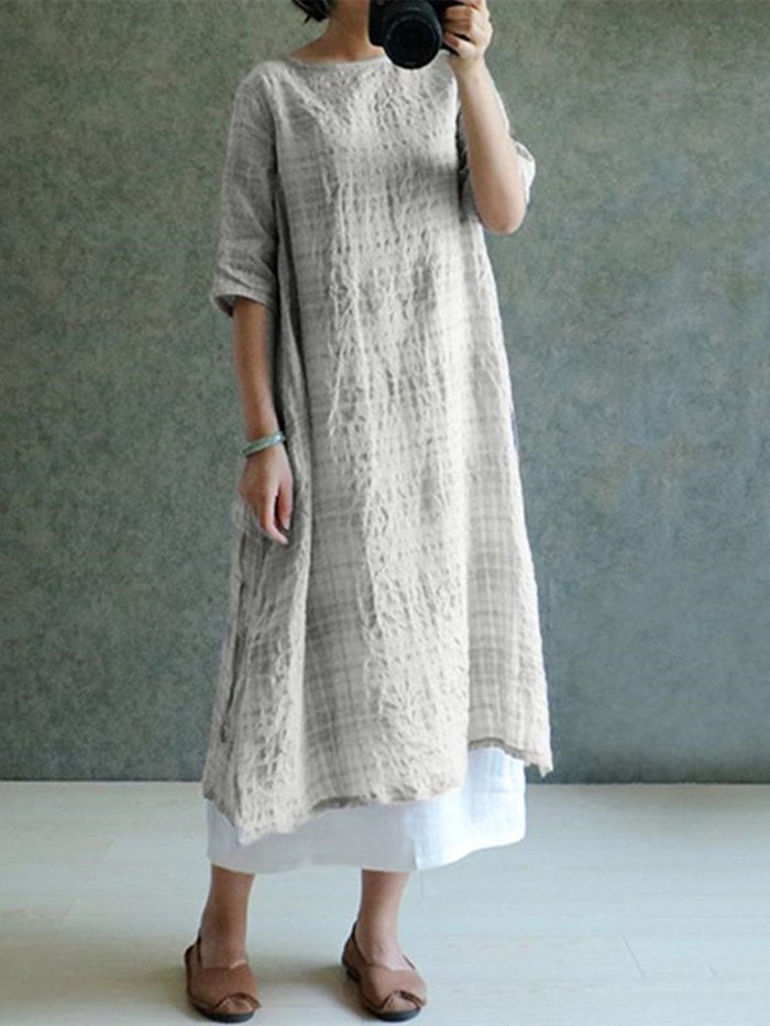 Plus Size Women Dress Shift Daily 3/4 Sleeve Casual Plaid Linen Maxi Dress