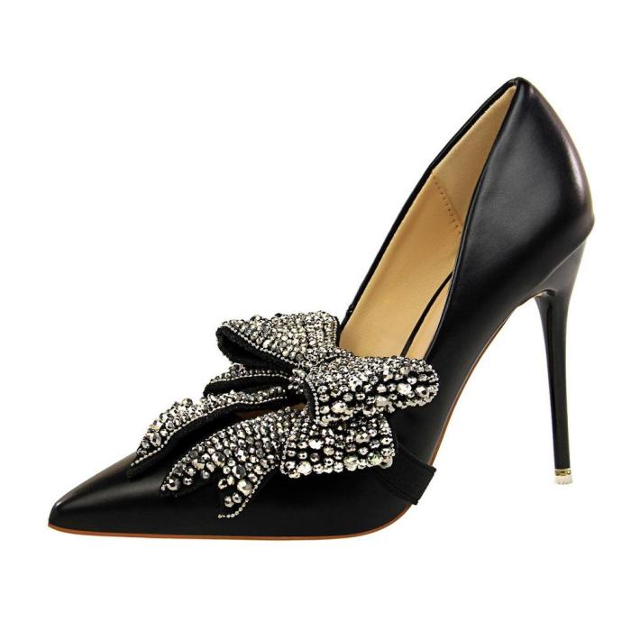 Women Elegant Thin High Heel Shallow Mouth Pointed Bow Tie Pumps