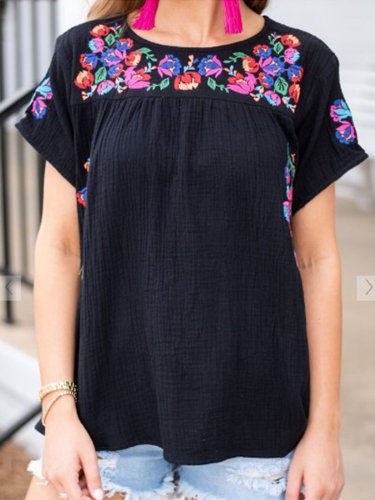 Short Sleeve Floral-Embroidered Shirts & Tops