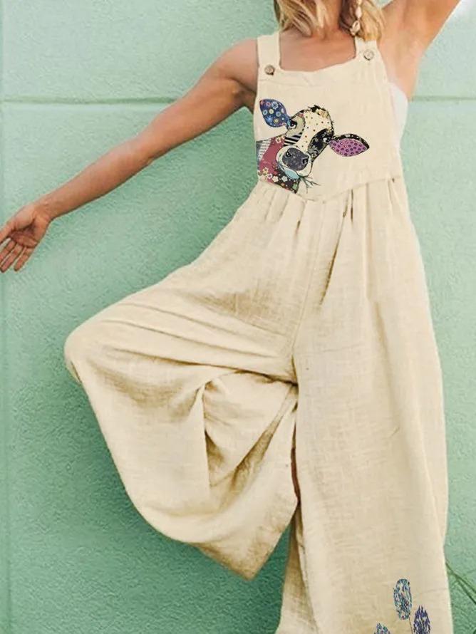 Plus Size Cotton-Blend Square Neck Vintage Jumpsuits