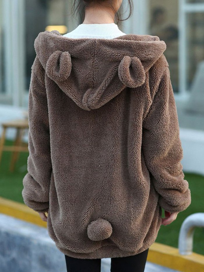 Long Sleeve Fleece-lined Hoodie Cute Coat
