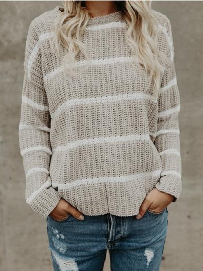 Stripe Knitted Striped Long Sleeve Crew Neck Sweaters