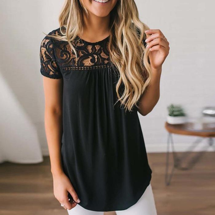 Casual Hollow Out Embroidery Lace T-shirt