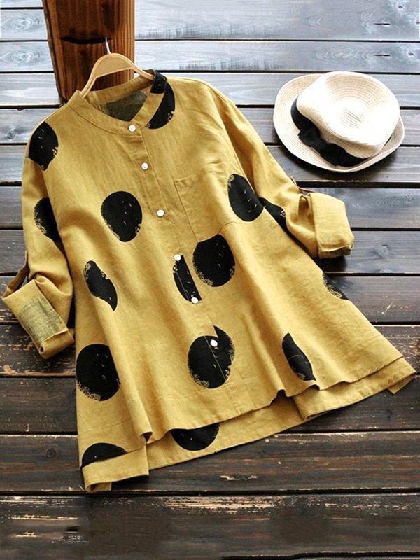 Women Casual Polka Dot Cotton Tops Long Sleeve Stand Collar Blouses