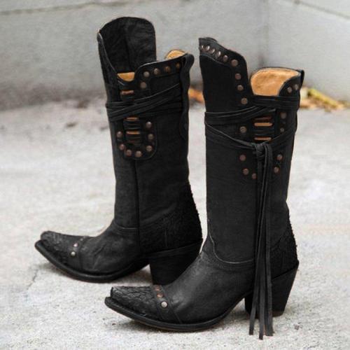 Mid Calf Boots Western Booties Boho V-Open Fringe Shoes