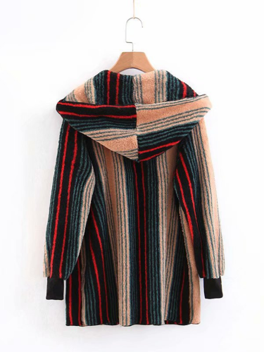 Appliqued Long Sleeve Cotton Casual Striped Plush Hooded Cardigan Coat for Women