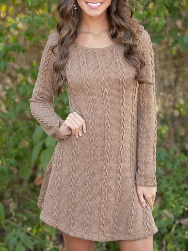 Casual Solid Knitted Crew Neck Long Sleeve Plus Size Dress