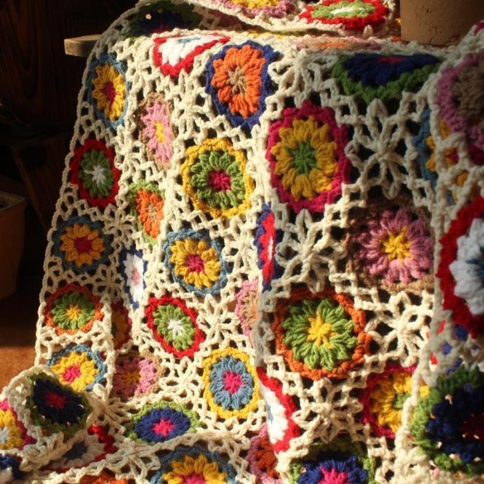 Handmade Round Daisy Crochet Flower Wool Blanket