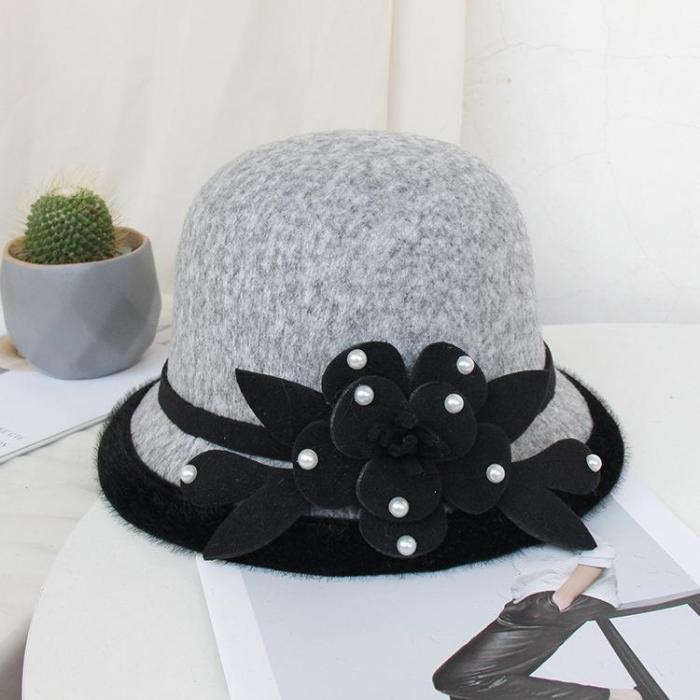 Woolen Fisherman Hat Ladies Autumn Winter Fashion Beaded Flower Felt Hat