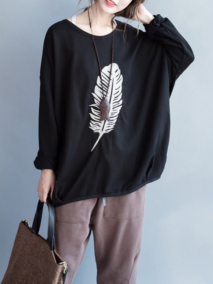 H-line Casual Batwing Feather Print Sweatshirt