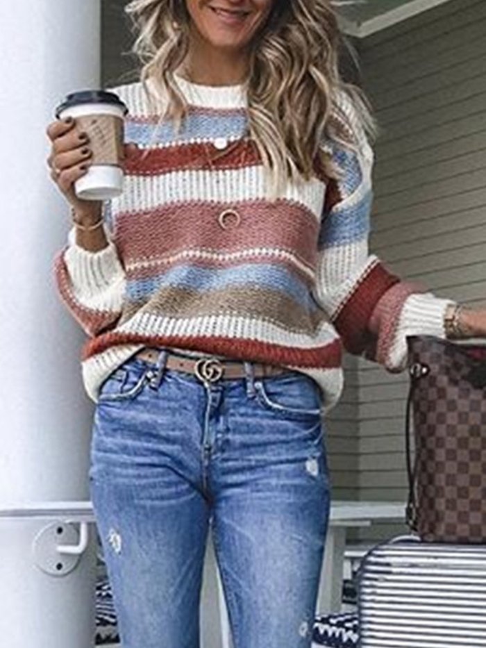 Long Sleeve Crew Neck Striped Sweaters
