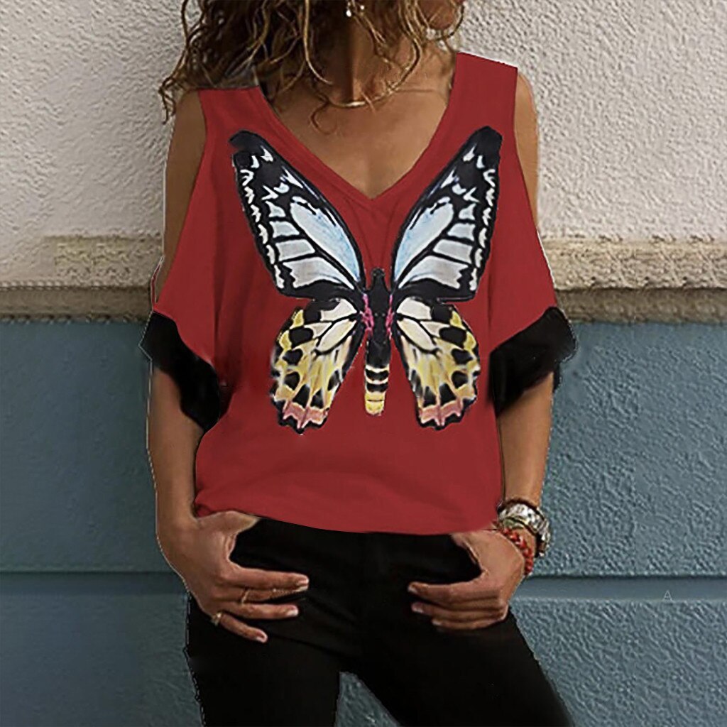US$ 15.09 - Fashion Butterfly Print Blouse Cold Shoulder Sexy V-Neck ...