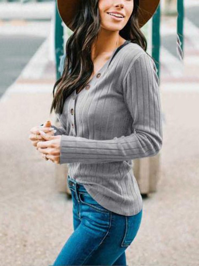 V Neck Casual Buttoned Solid Sweatershirt