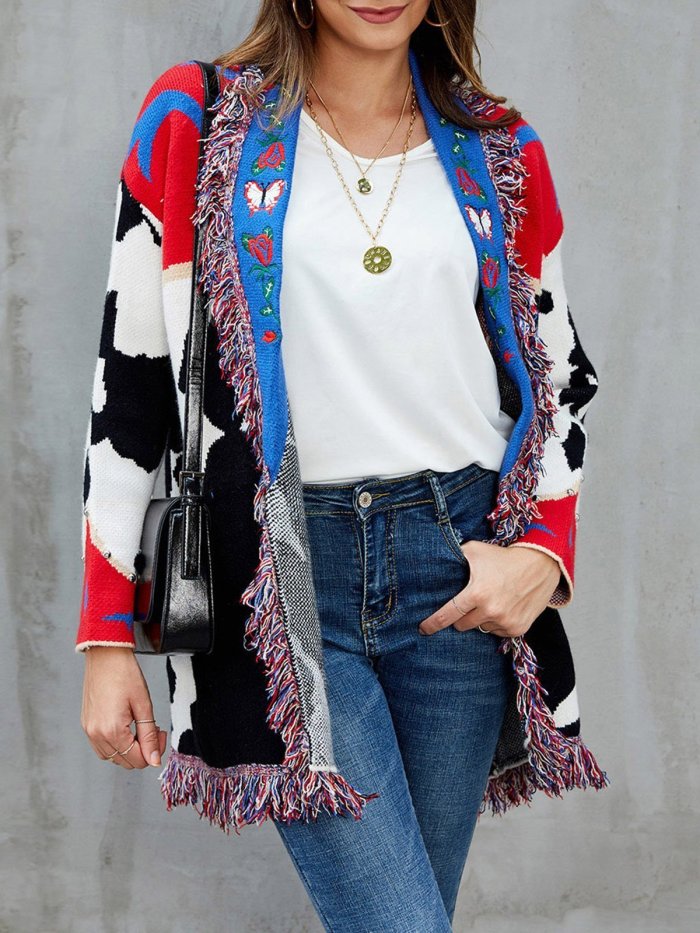 Red Shawl Collar Fringed Embroidered Cardigan