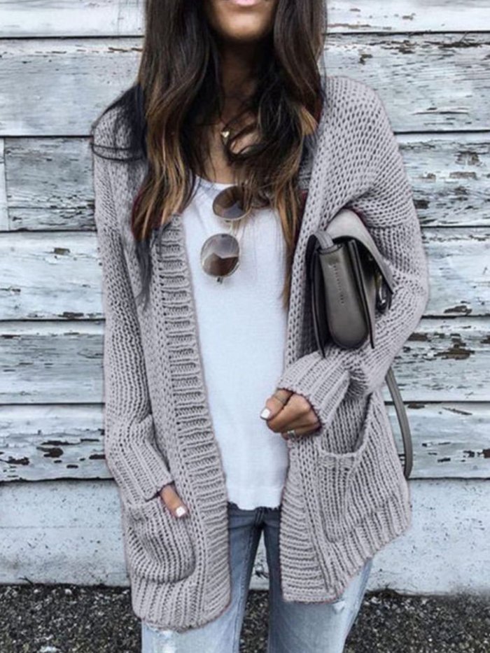 Knitted Long Sleeve Plain Cardigan