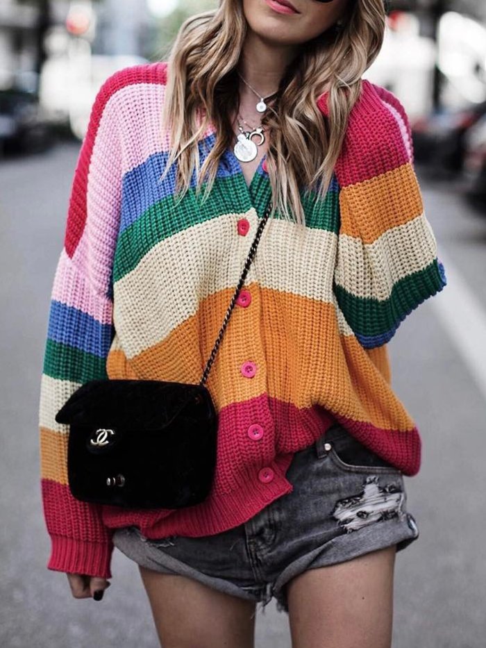 Casual Plus size Rainbow Knit COAT