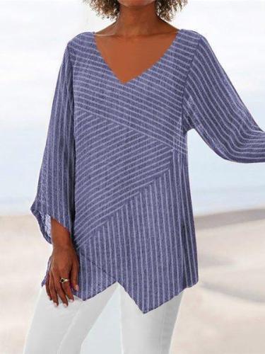 Striped Long Sleeve V Neck Cotton-Blend Shirts & Tops
