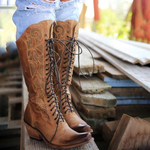 Lace-Up Winter Knee-High Boots Chunky Heel Artificial Leather Boots