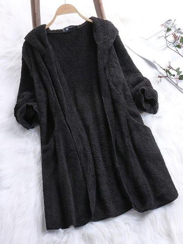Casual Fluffy Shift Solid Plus Size Hoodie Coat
