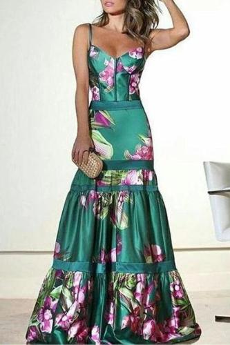 Fashion Sexy Floral Plunge Ruffles Layered Hem Evening Dress Fishtail Dress