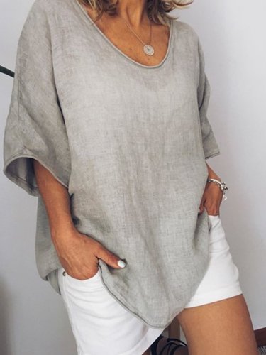 Gray Crew Neck Solid Linen Casual Shirts & Tops