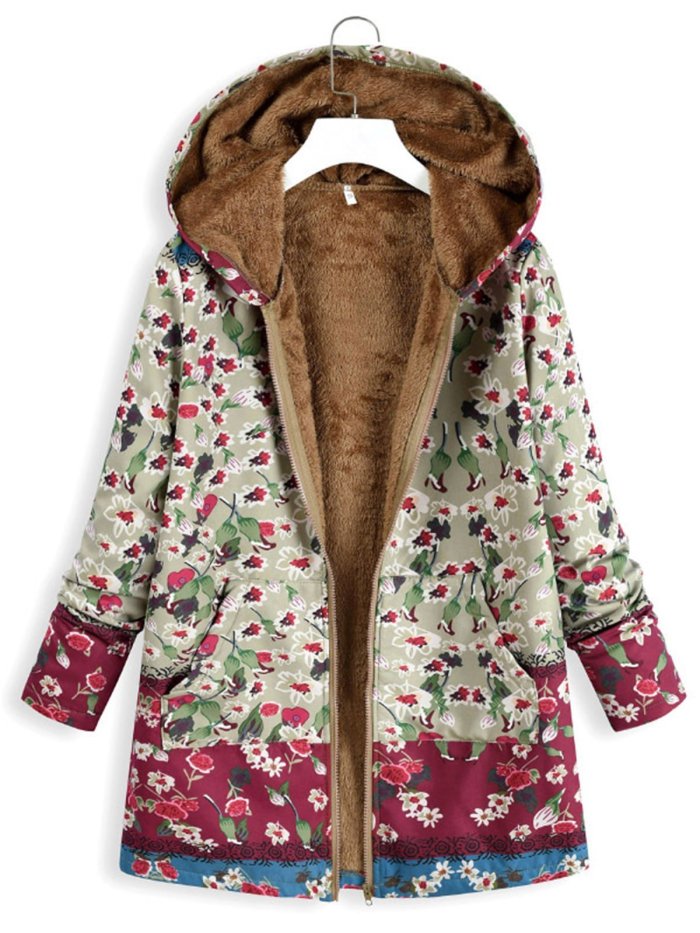 Stylish Floral Women's  Pockets Winter Plus Size Coat With Hoodie