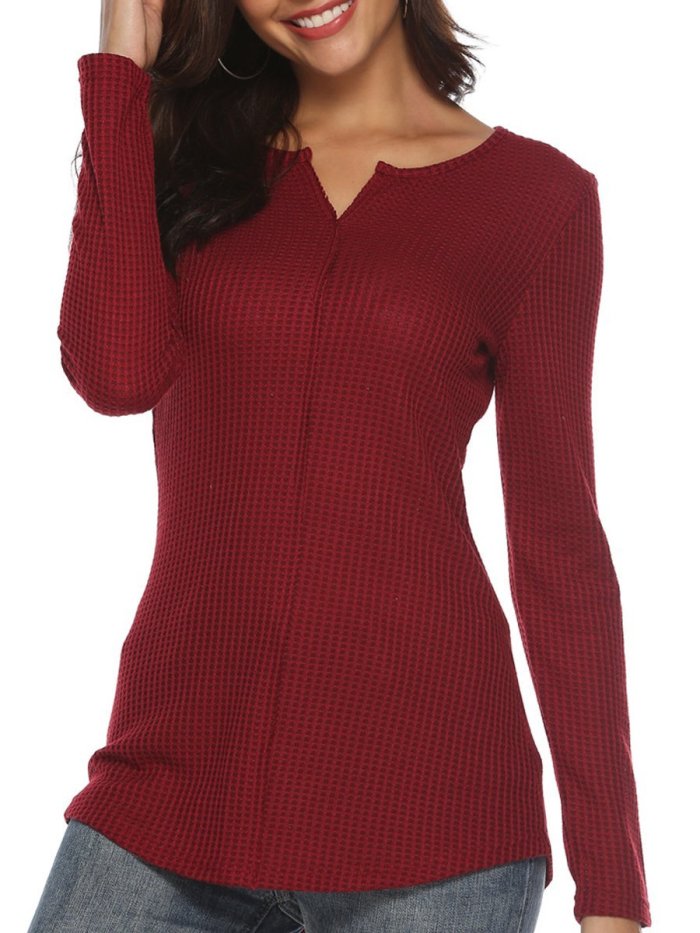 2020 Autumn Plain V-Neck Long Sleeve Slim Sweater