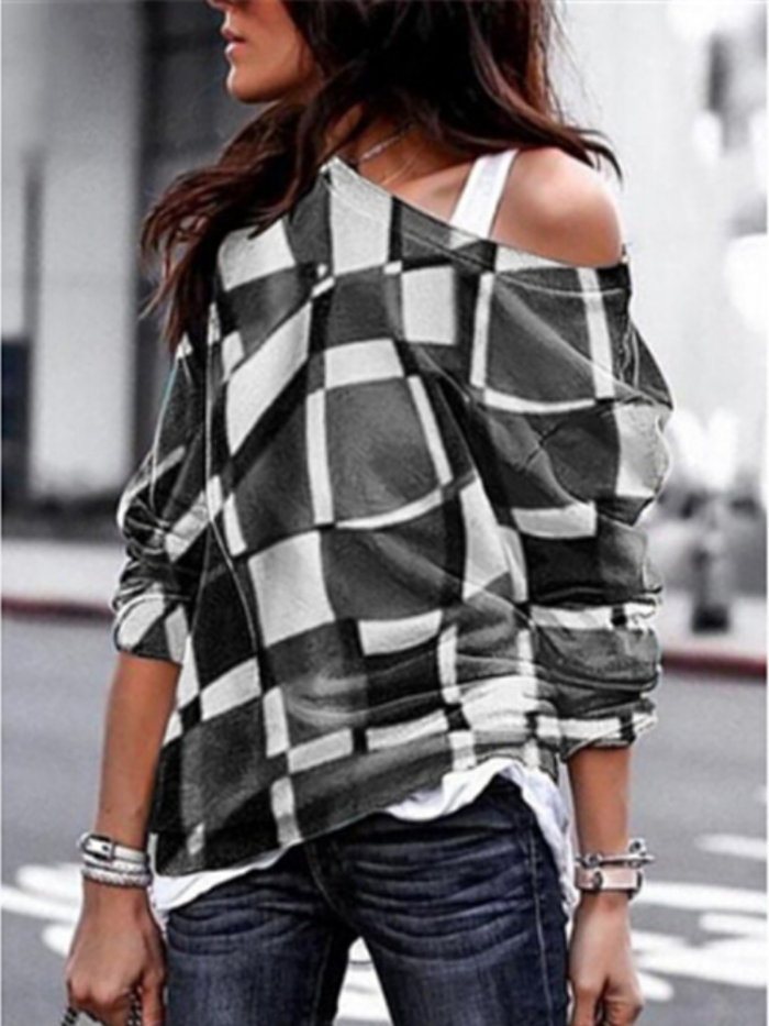 Women Long Sleeve Checkered Cotton-Blend Geometric Off-shoulder T-Shirts