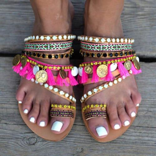 Handmade Women Tassel Flat Holiday Sandals with Beading