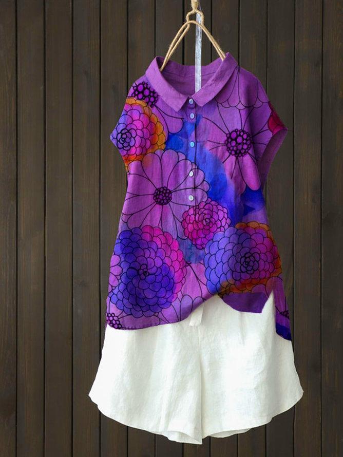 Violet Cotton-Blend Short Sleeve Shirts & Tops