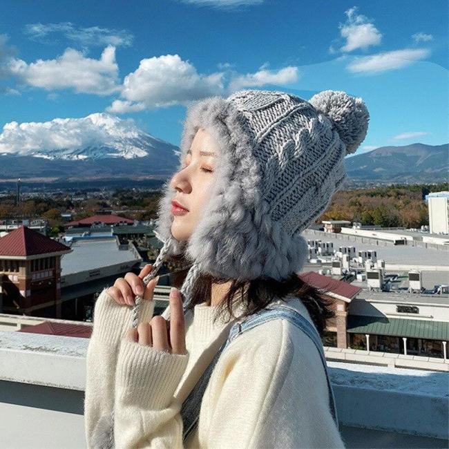 Cute Woolen Cap Women's Autumn and Winter Earmuffs Fur Ball Real Rabbit Fur Knitted Hat