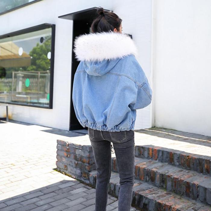 Winter Denim Jacket Fashion Blue Jeans Jacket Coat Fur Collar Oversize Outwear