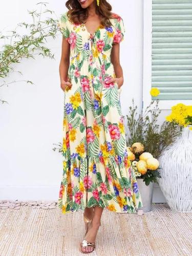 Summer Maxi Dress Plus Size Pockets Plants Dresses