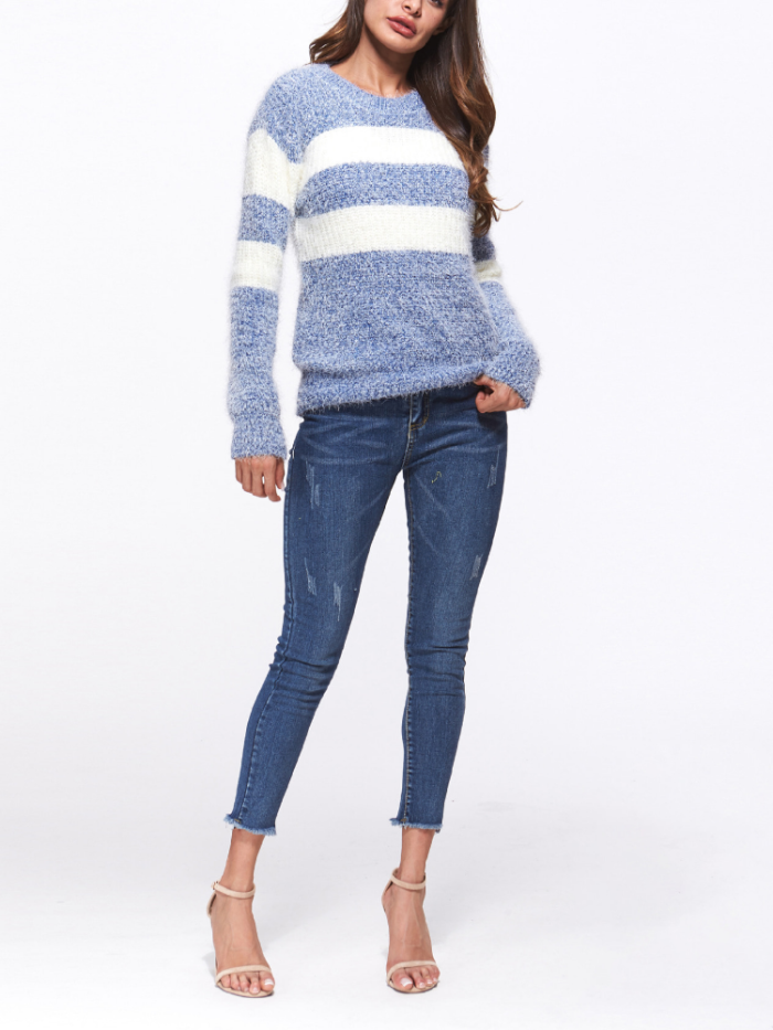 Appliqued Striped Wool Casual Geometric Long Sleeve Sweaters