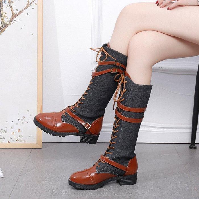 Vintage Lace Up Mid-calf Boots Adjustable Buckle Casual Low Heel Paneled Boots