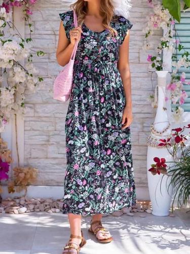Women Floral Half-Placket Button Maxi Dresses