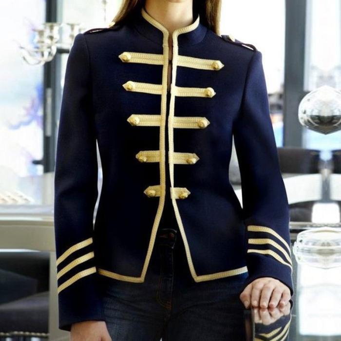 Preppy Style Stand Collar Long Sleeve Pure Colour Blazer