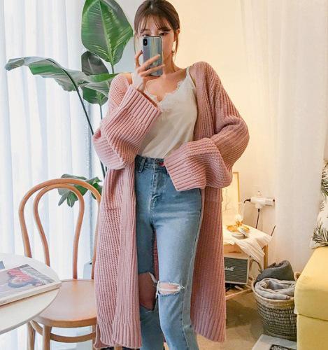 Autumn and winter new loose cardigan medium length thick wool knee thick knitted jacket
