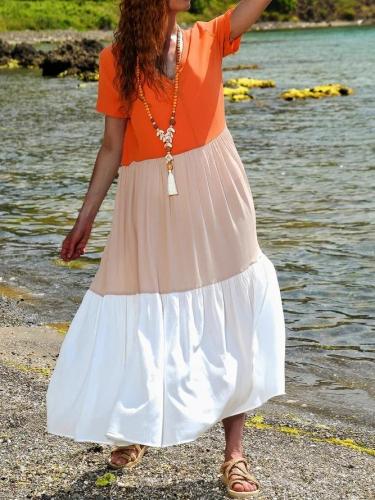 Summer Maxi Dress Plus Size Paneled Short Sleeve Dresses