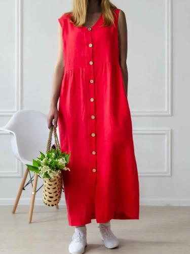 Cotton-blend Linen V-neck Casual Dress